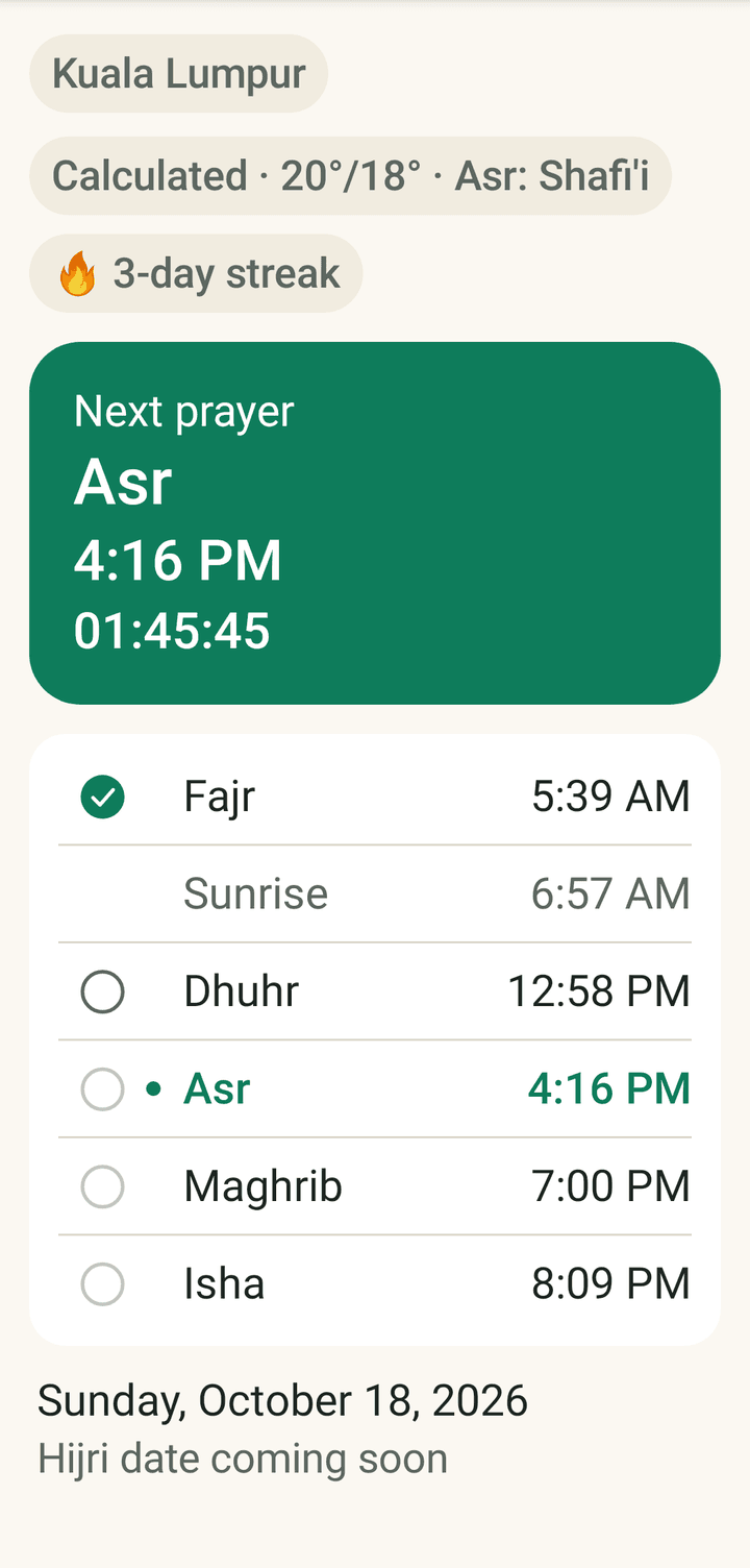 The Today screen at 160% text size: the next prayer card and each prayer row grow without clipping.