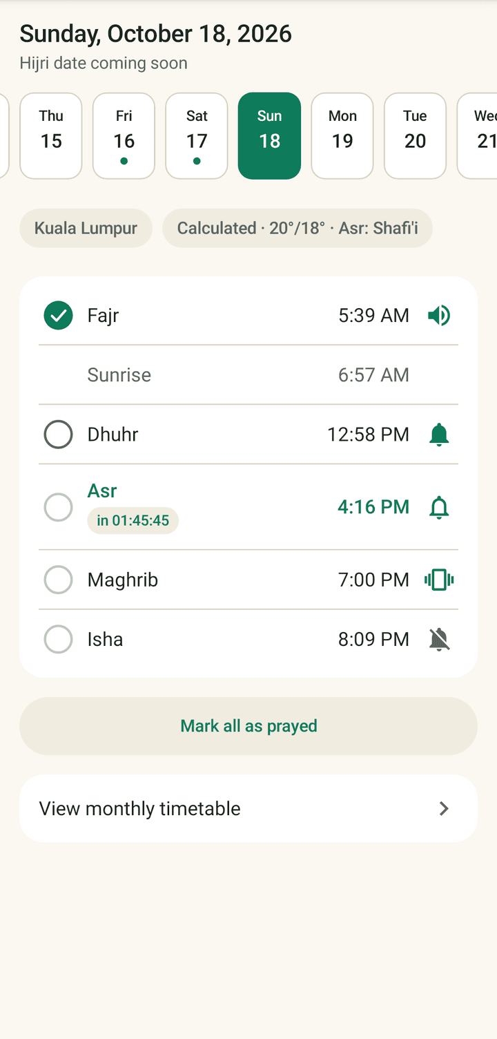 The Prayers screen: a date strip for the week, today's prayers with a reminder icon for each, Asr marked as next, and a button to view the monthly timetable.