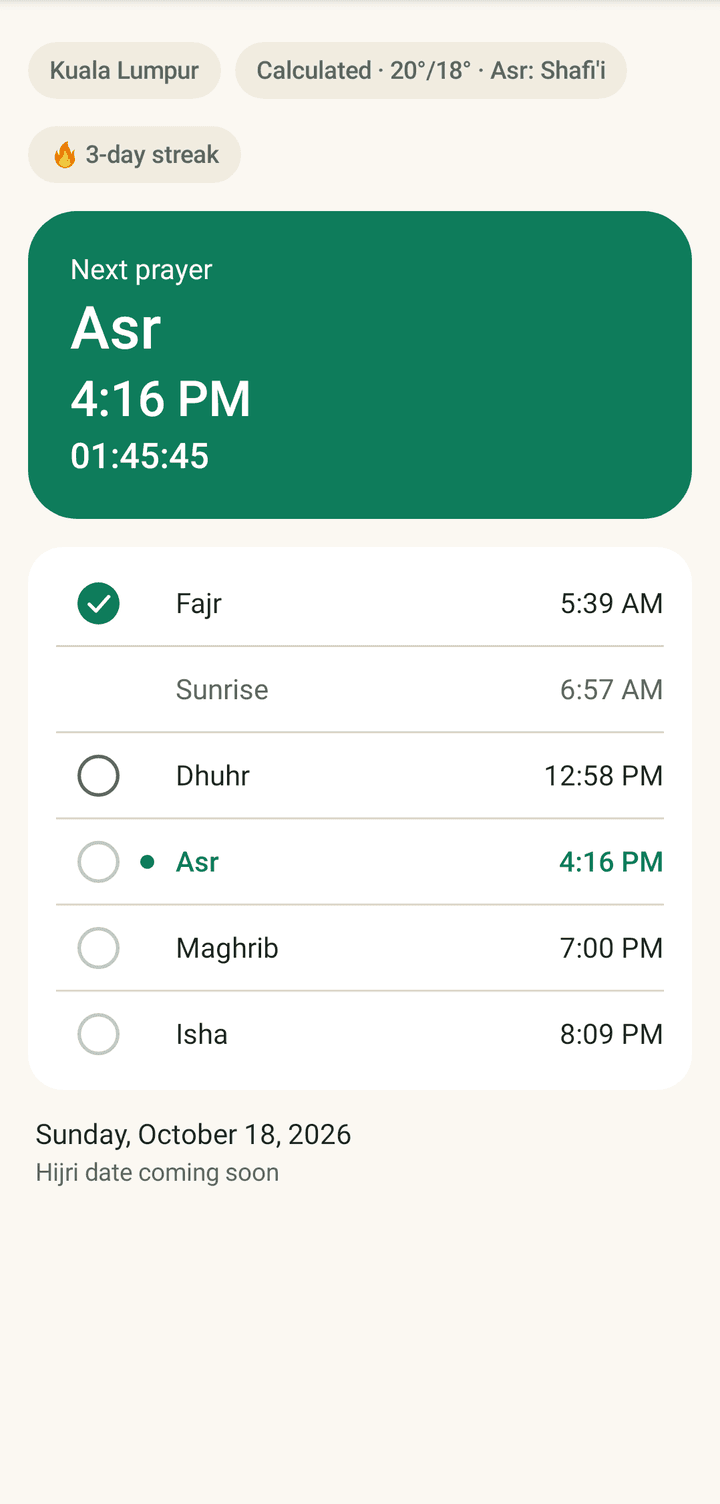 The Today screen: Kuala Lumpur with its calculation method, a 3-day streak, the next prayer Asr at 4:16 PM with a countdown, and today's prayers with Fajr ticked.